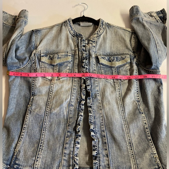 Chico’s Platinum Ruffled Jean jacket with rhinestone pockets and buttons.Size 8 - Picture 11 of 12